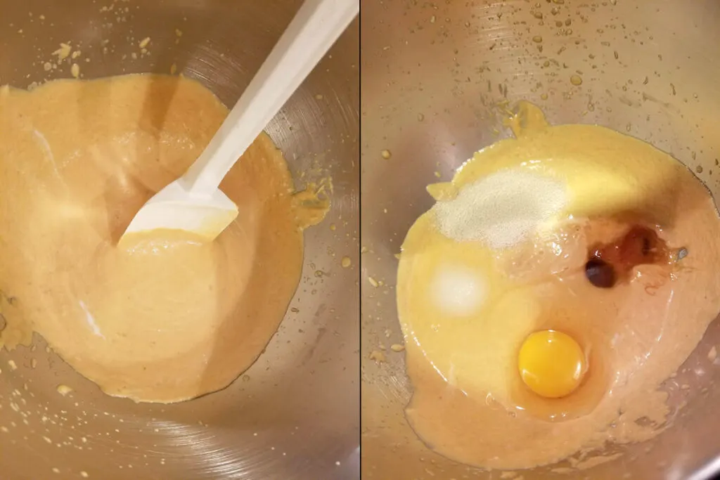 Orange batter in a metal bowl.