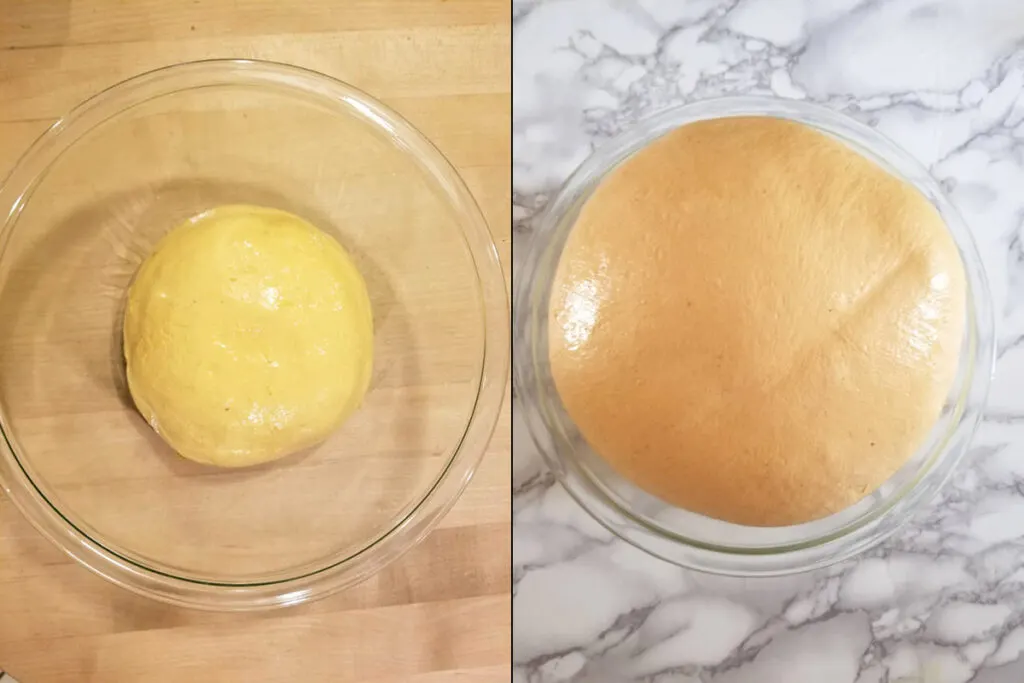 Orange bread dough in a glass bowl.