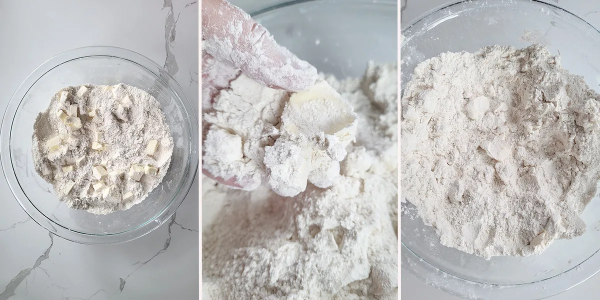 Dry ingredients with chunks of butter in a glass bowl.