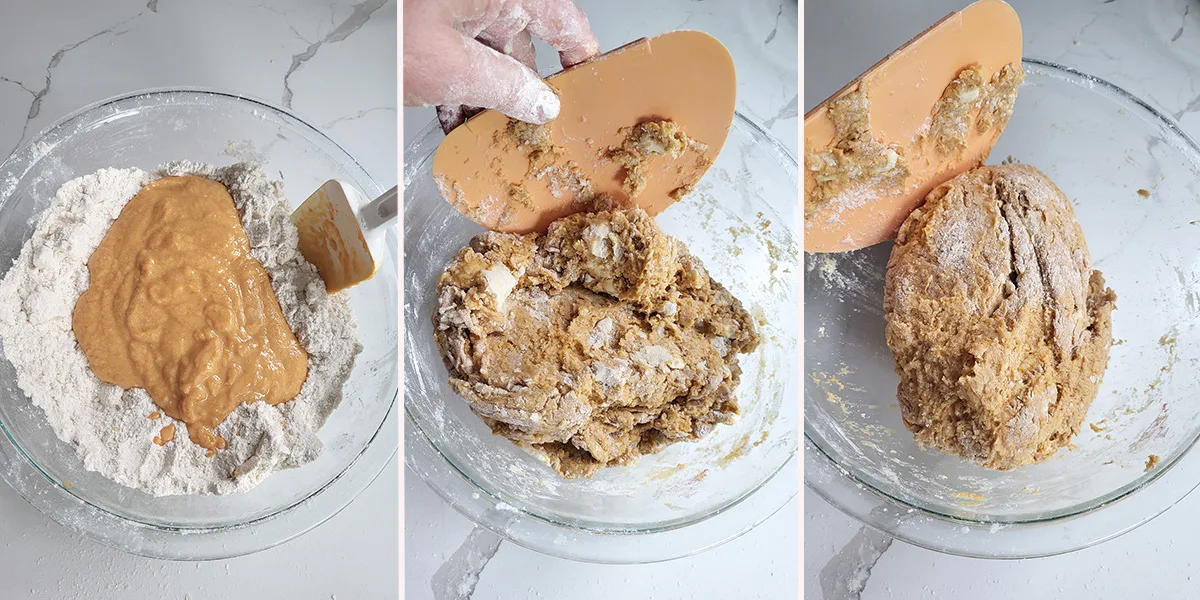 Pumpkin puree kneaded into flour in a glass bowl.