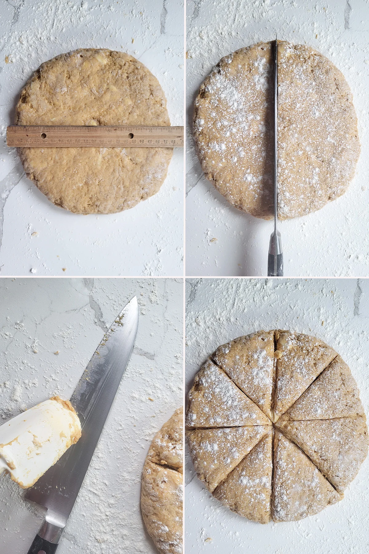 Round of scone dough with a knife and cut wedges.