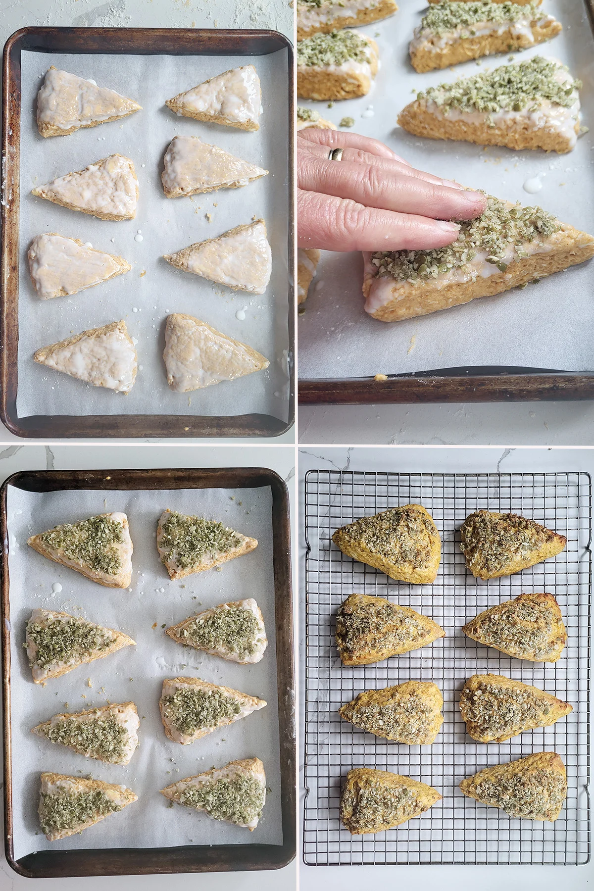 A tray of pumpkin scones before and after baking.