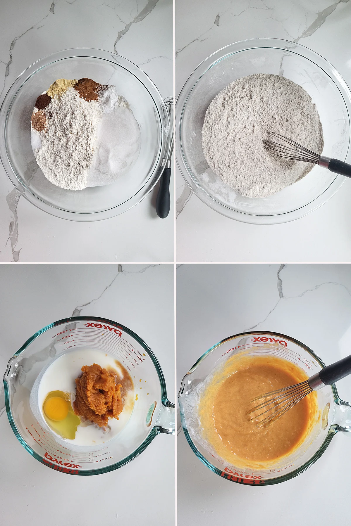 Dry ingredients in a bowl and wet ingredients in a measuring cup.