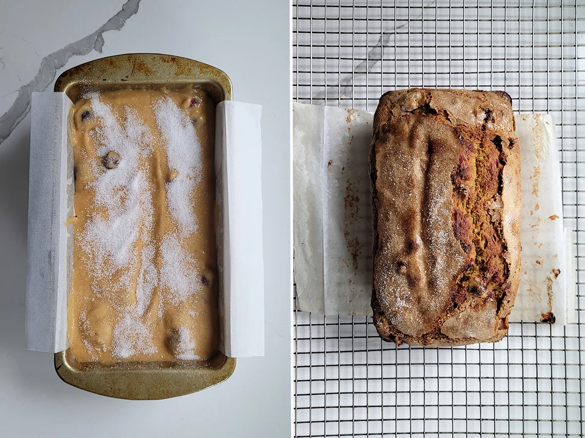 sourdough Pumpkin bread before and after baking.