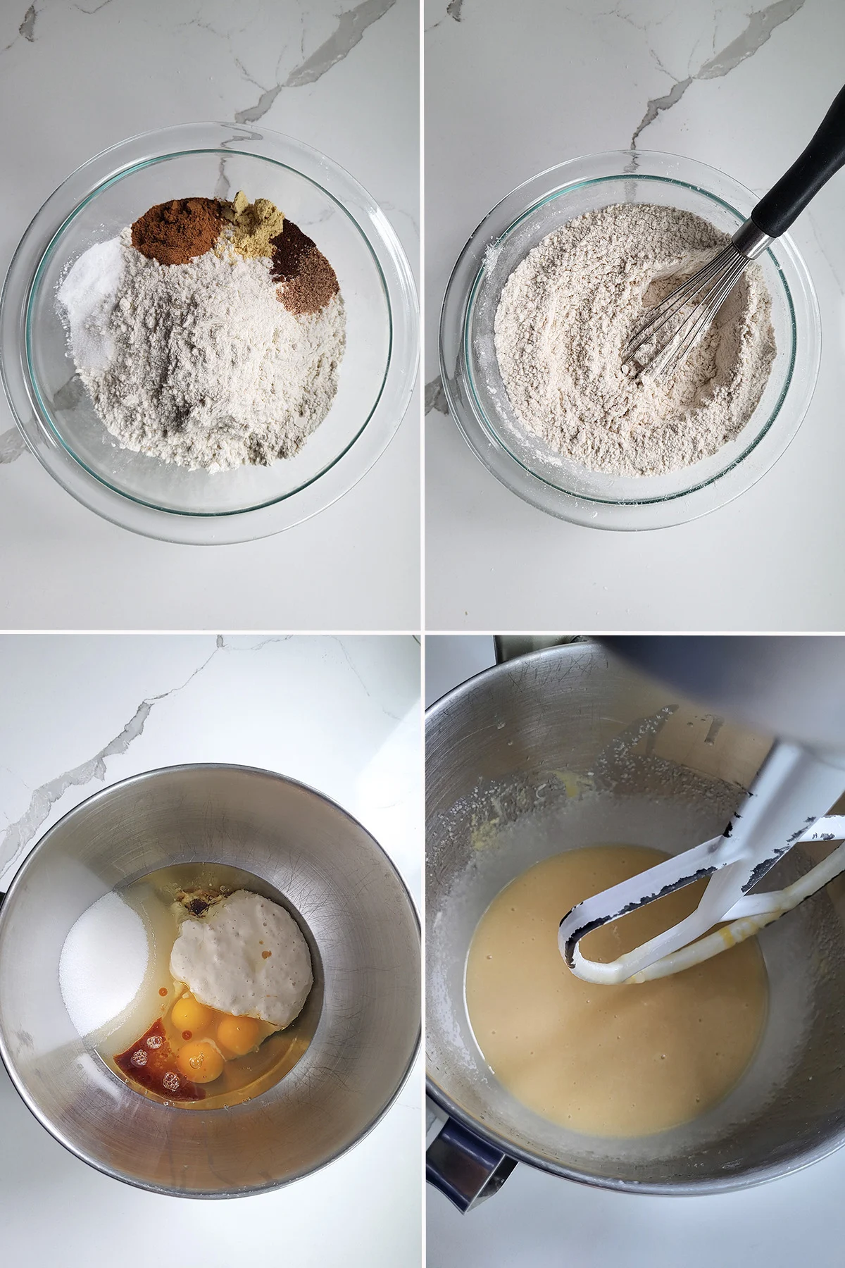 a glass bowl with dry ingredients. A metal bowl with wet ingredients.