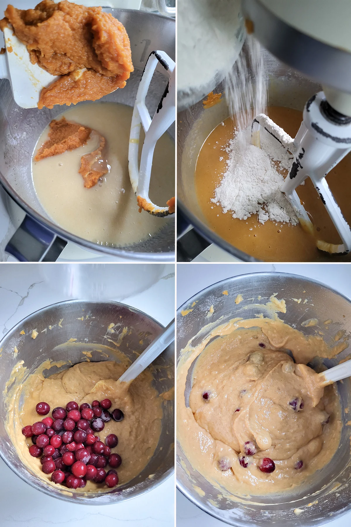 Pumpkin bread batter in a mixing bowl.