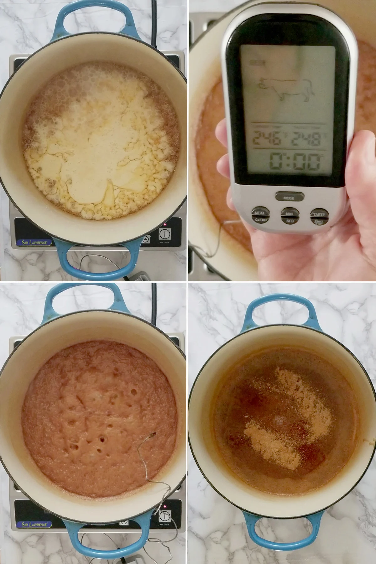 Caramel boiling. A thermometer.
