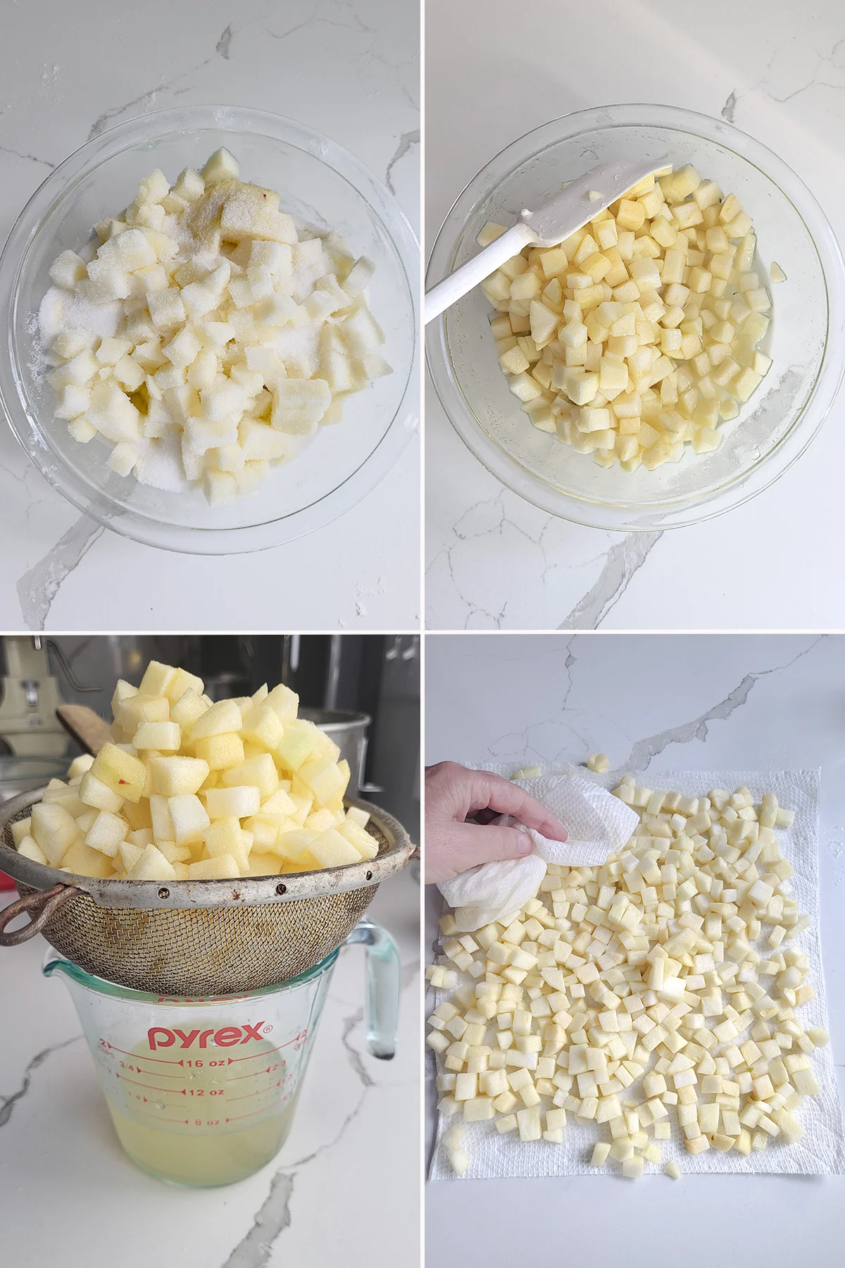 cubes of apples in a bowl with sugar. Draining apples. Apples on a paper towel.