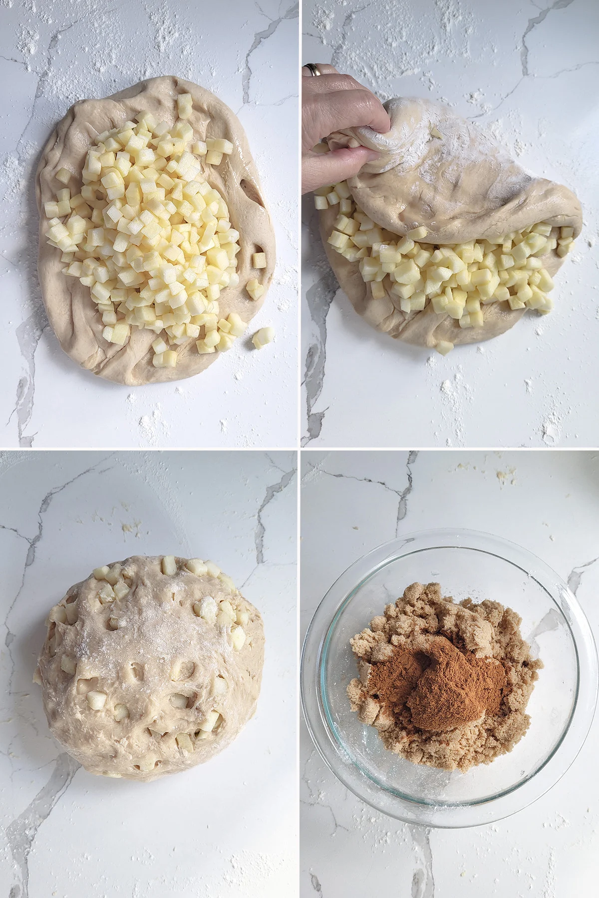 Apple cubes kneaded into bread dough. A bowl of brown sugar and cinnamon.