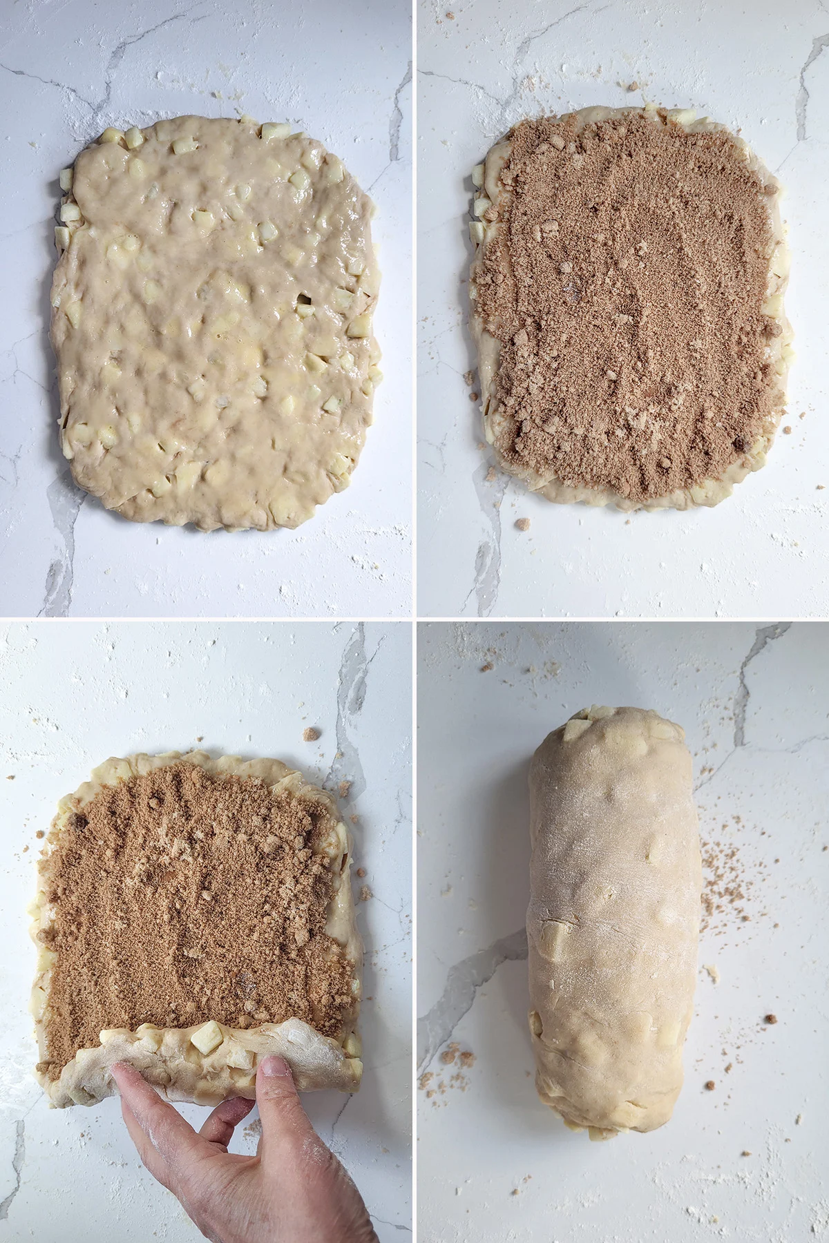 Apple bread dough topped with cinnamon sugar and rolled to a loaf.