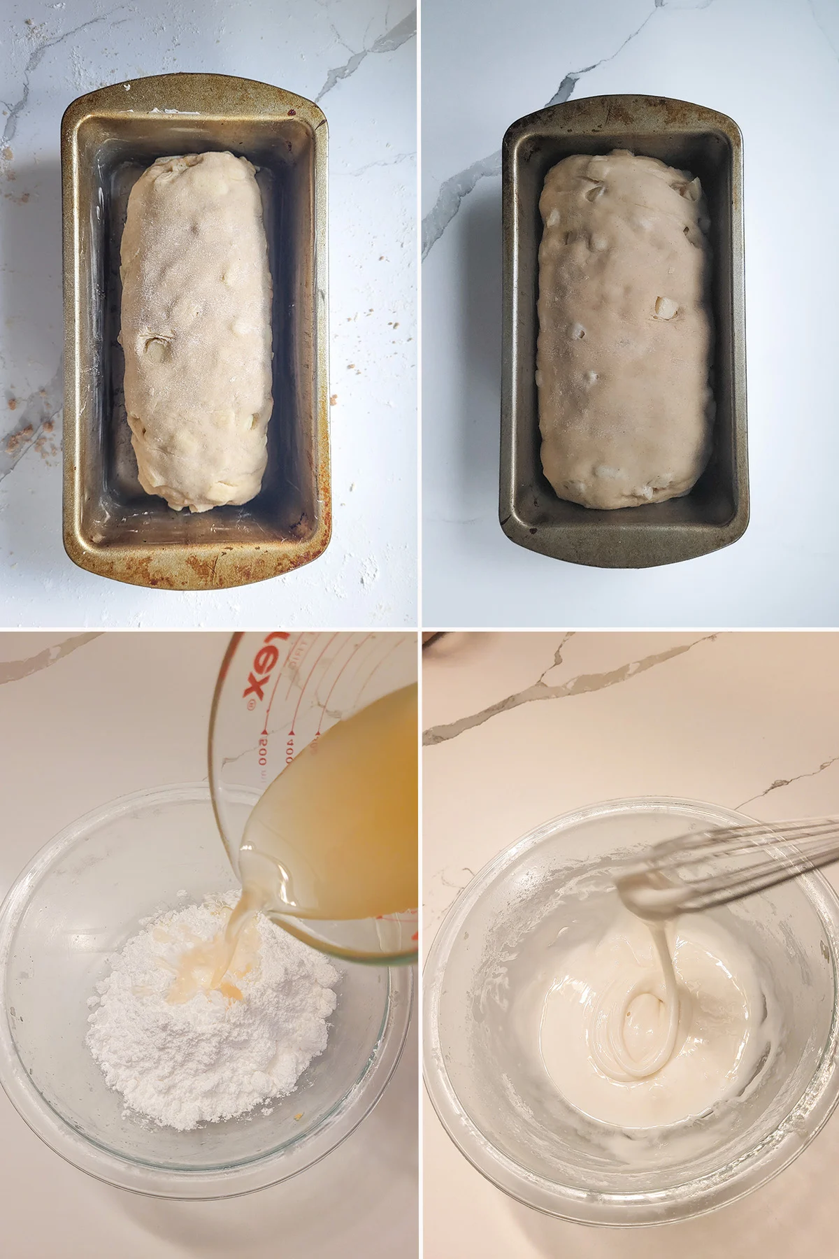 a loaf of bread in a pan before and after rising. Powdered sugar mixed with apple juice in a glass bowl.