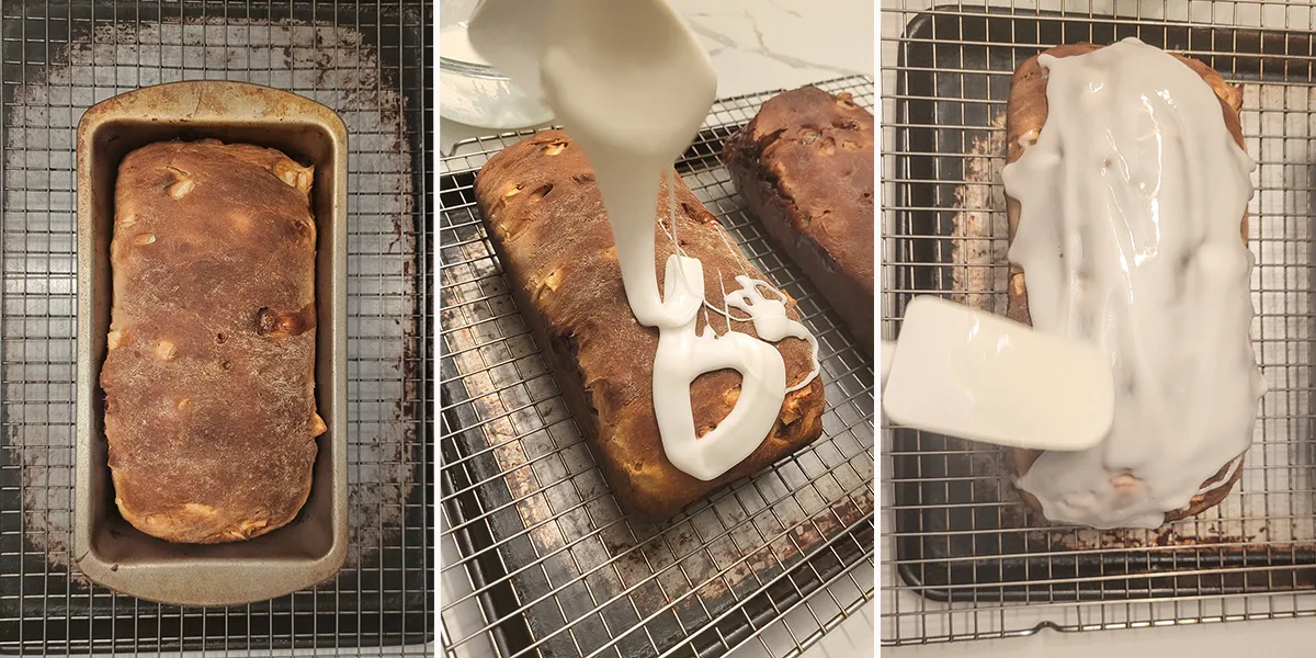 A loaf of bread in a pan. A loaf of bread being glazed with white icing.