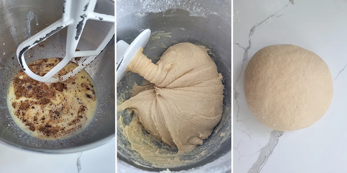 cinnamon bread dough in a mixing bowl.