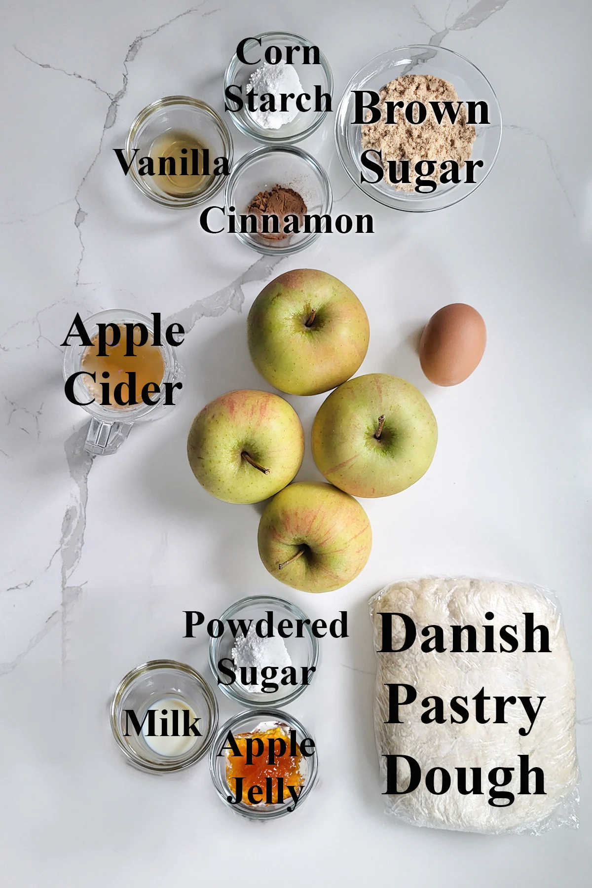 ingredients for apple danish is glass bowls.
