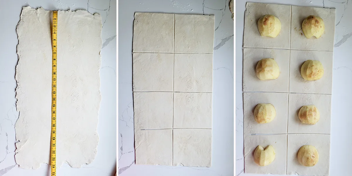 dough rolled to a rectangle, cut into squares and an apple half on each square.