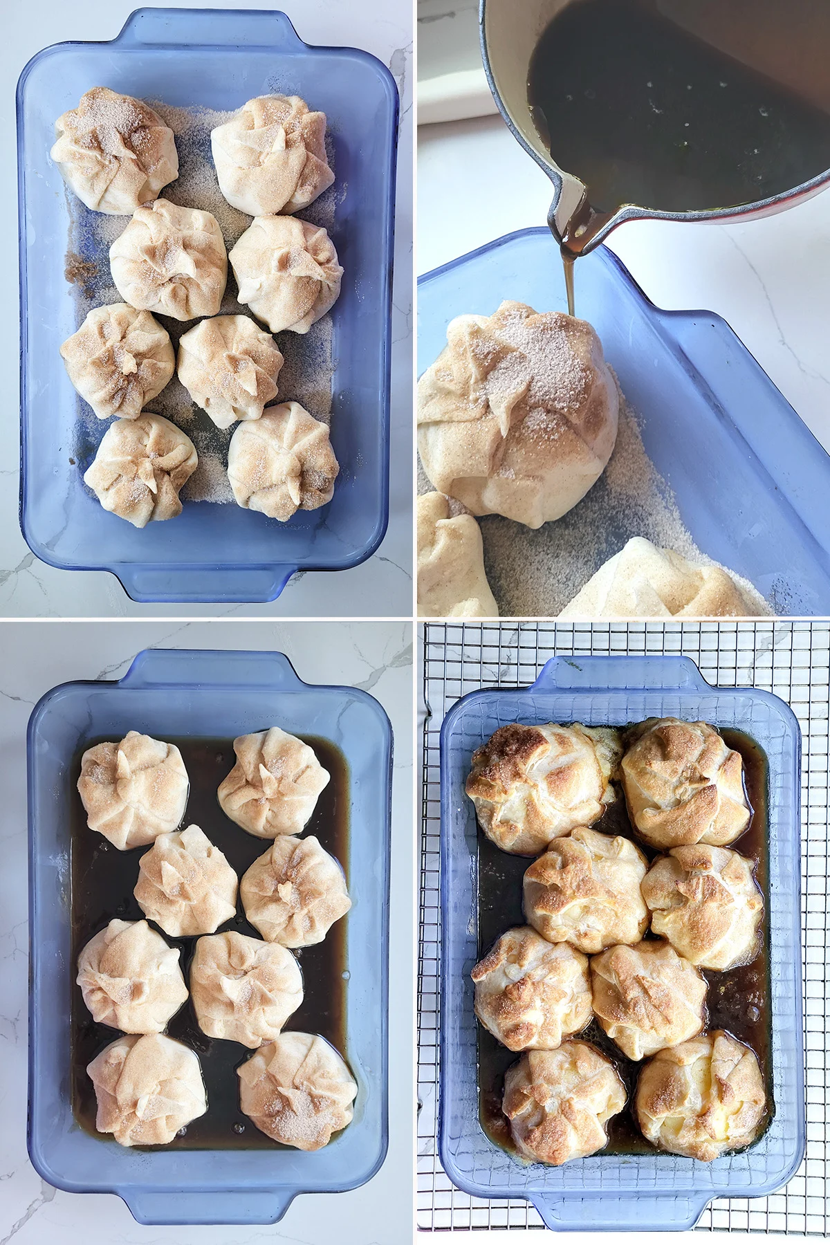 dough wrapped apples in a blue baking pan. Syrup pouring around the apples. Apples before and after baking.