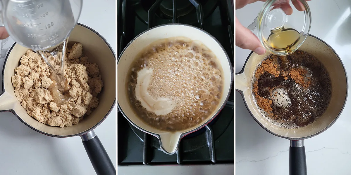 a pot with brown sugar and water boiling to a syrup.