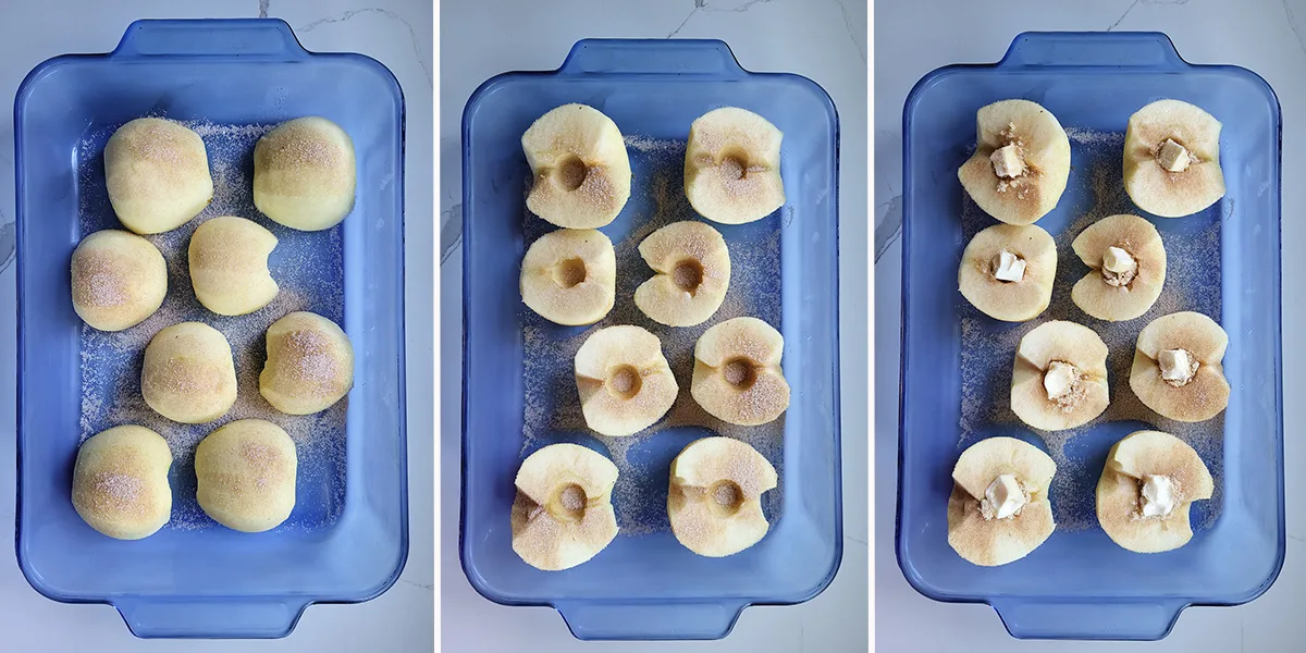 apples in a blue baking pan.