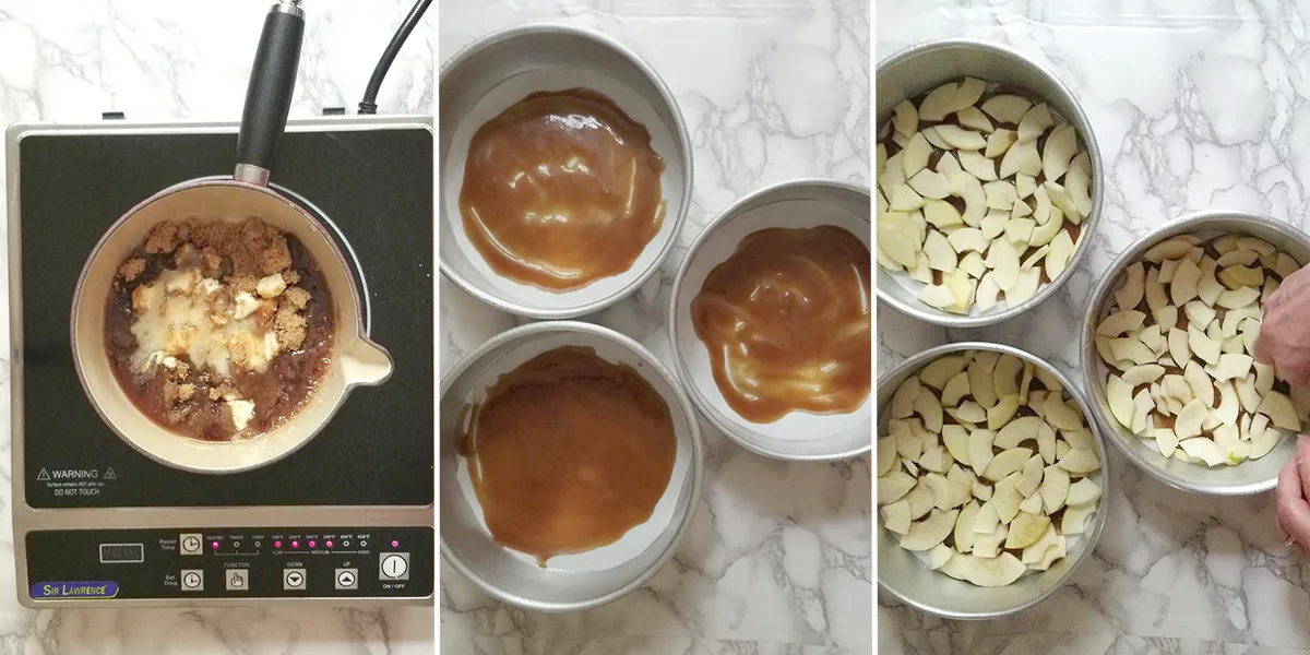 caramel in a pan. Caramel in cake pans. Apple in cake pans.