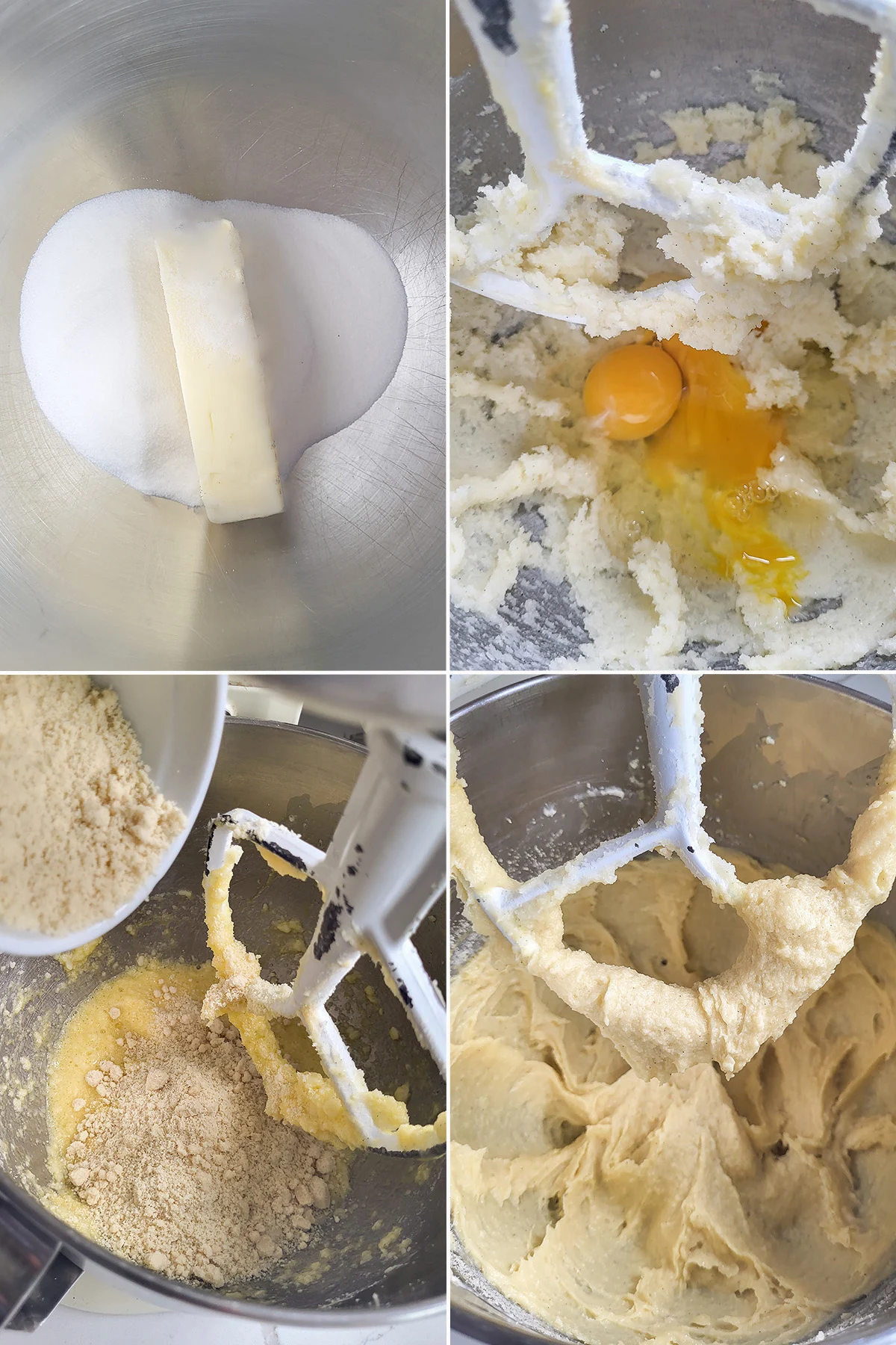 Butter, sugar, eggs and almond paste in a mixer bowl.