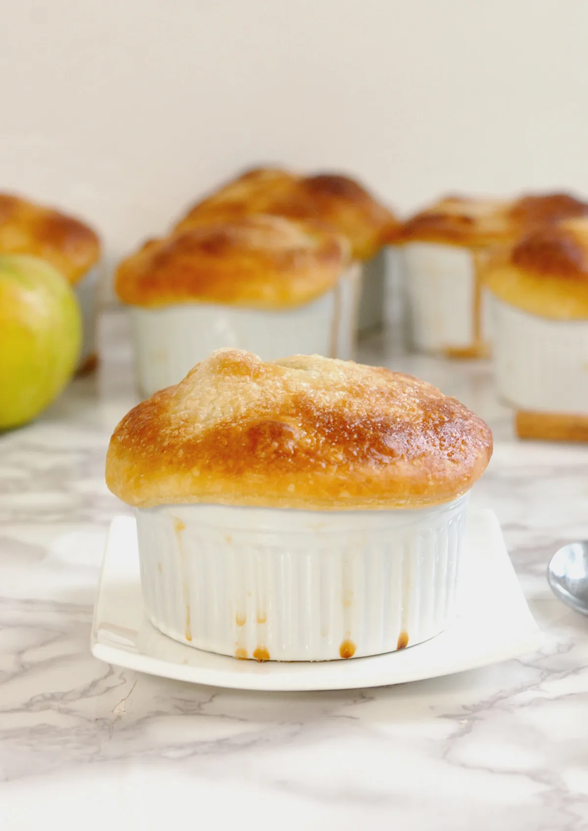 a pot pie on a white plate.