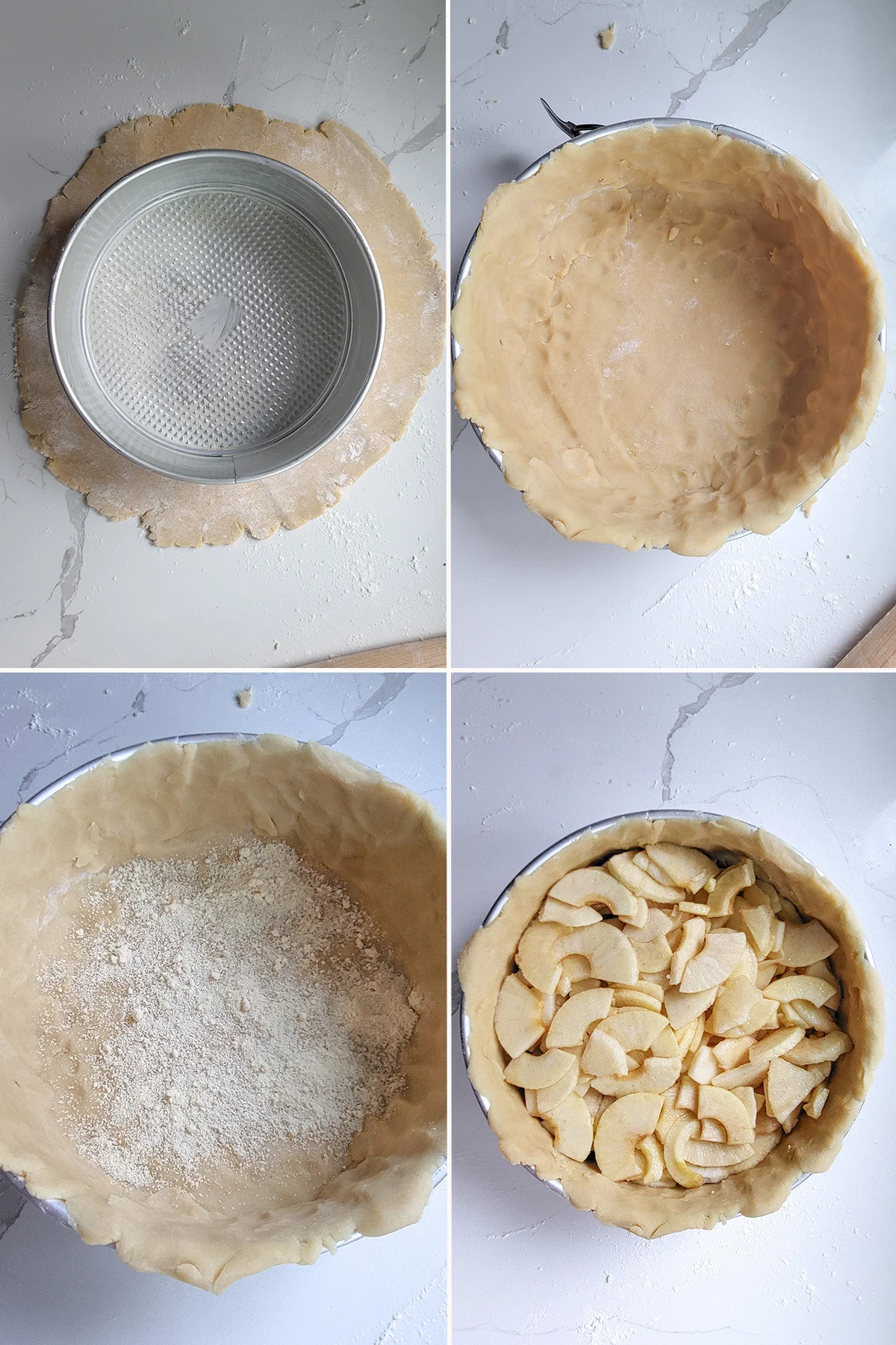 a springform pan filled with tart dough and apples.