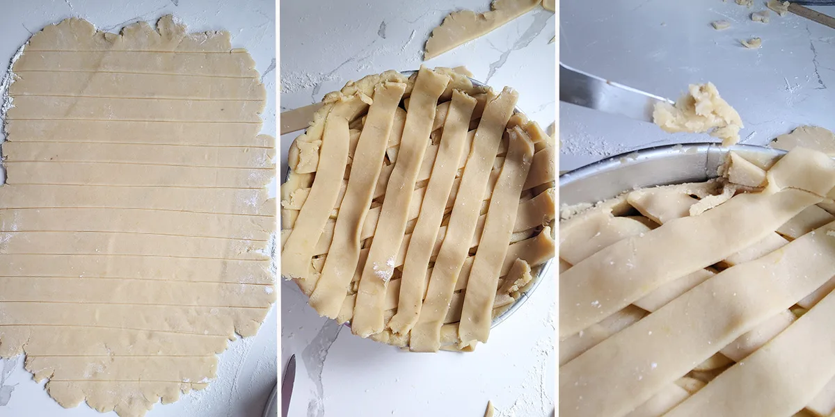 A sheet of dough cut into strips. Dough strips on top of an apple tart. 