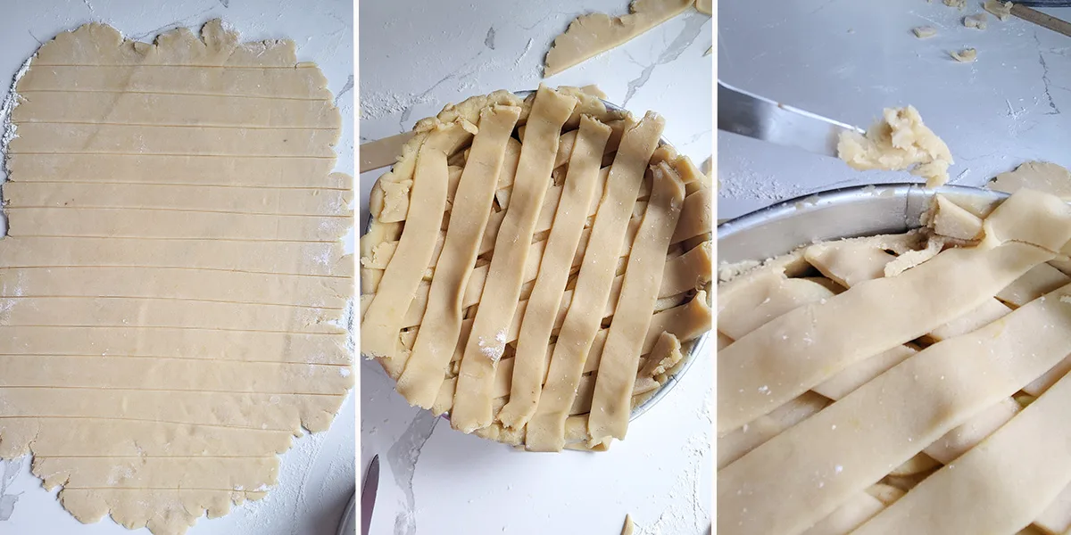 A sheet of dough cut into strips. Dough strips on top of an apple tart.