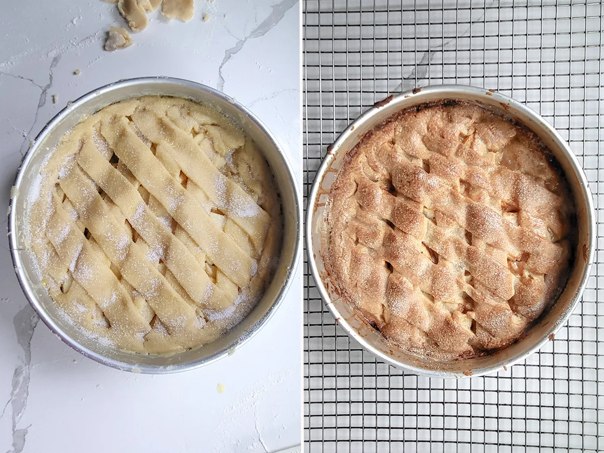 a dutch apple tart before and after baking.