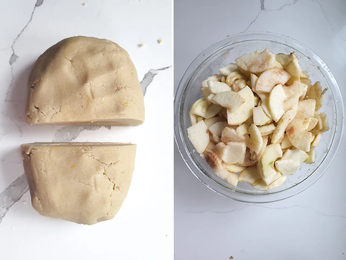 A piece of tart dough and a bowl of sliced apples.