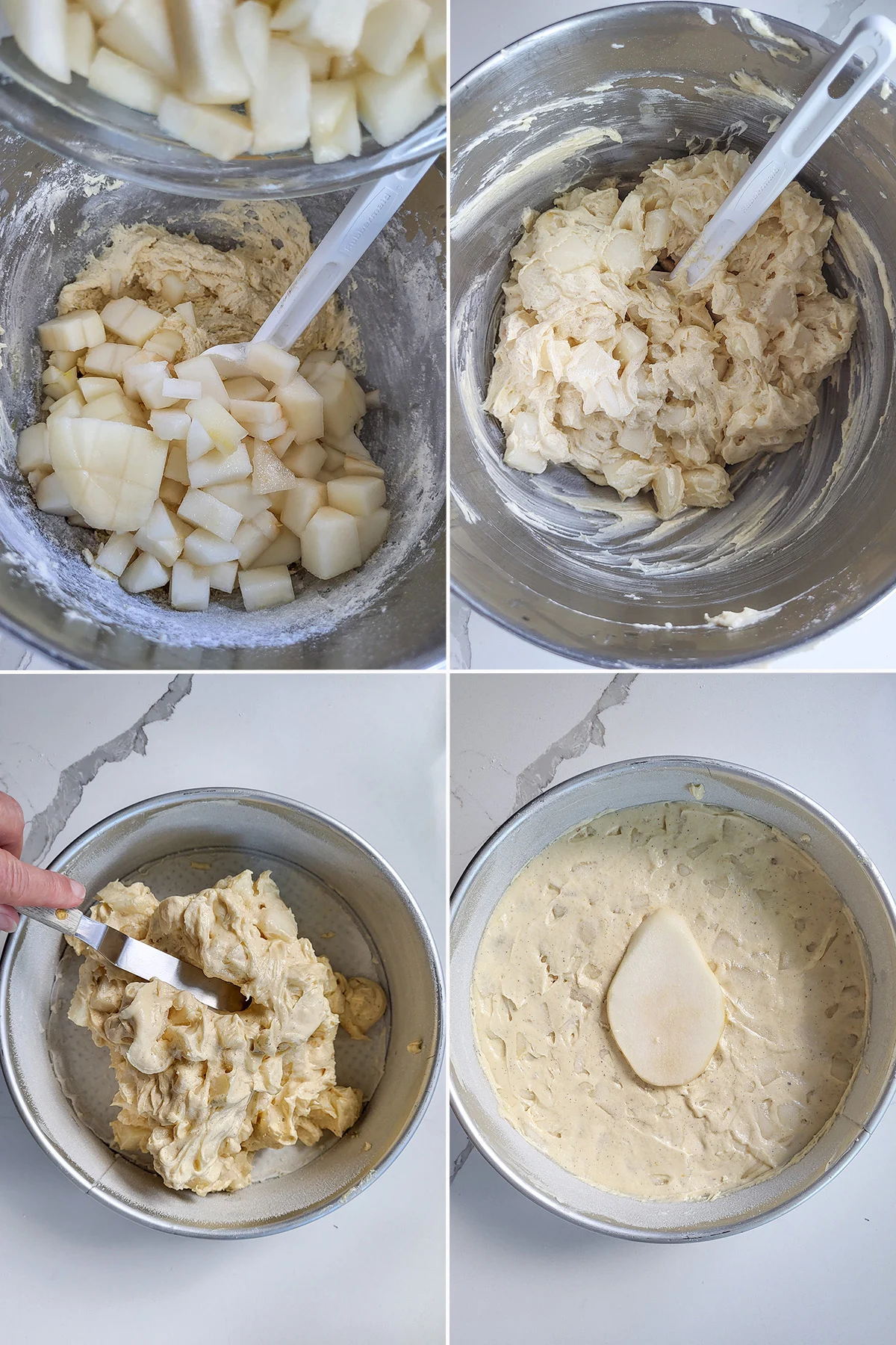 Cake batter and pear chunks in a mixing bowl. Pear cake batter in a cake pan.