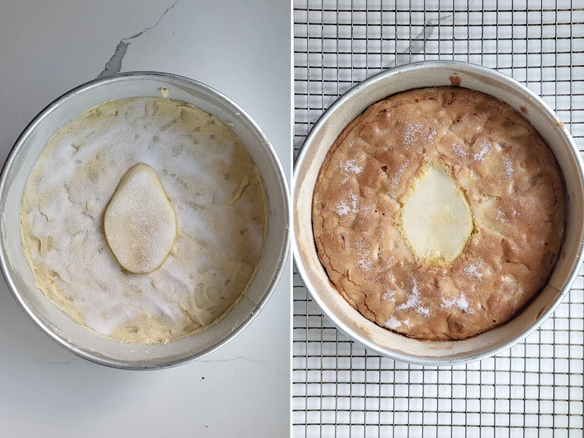 a pear cake before and after baking.