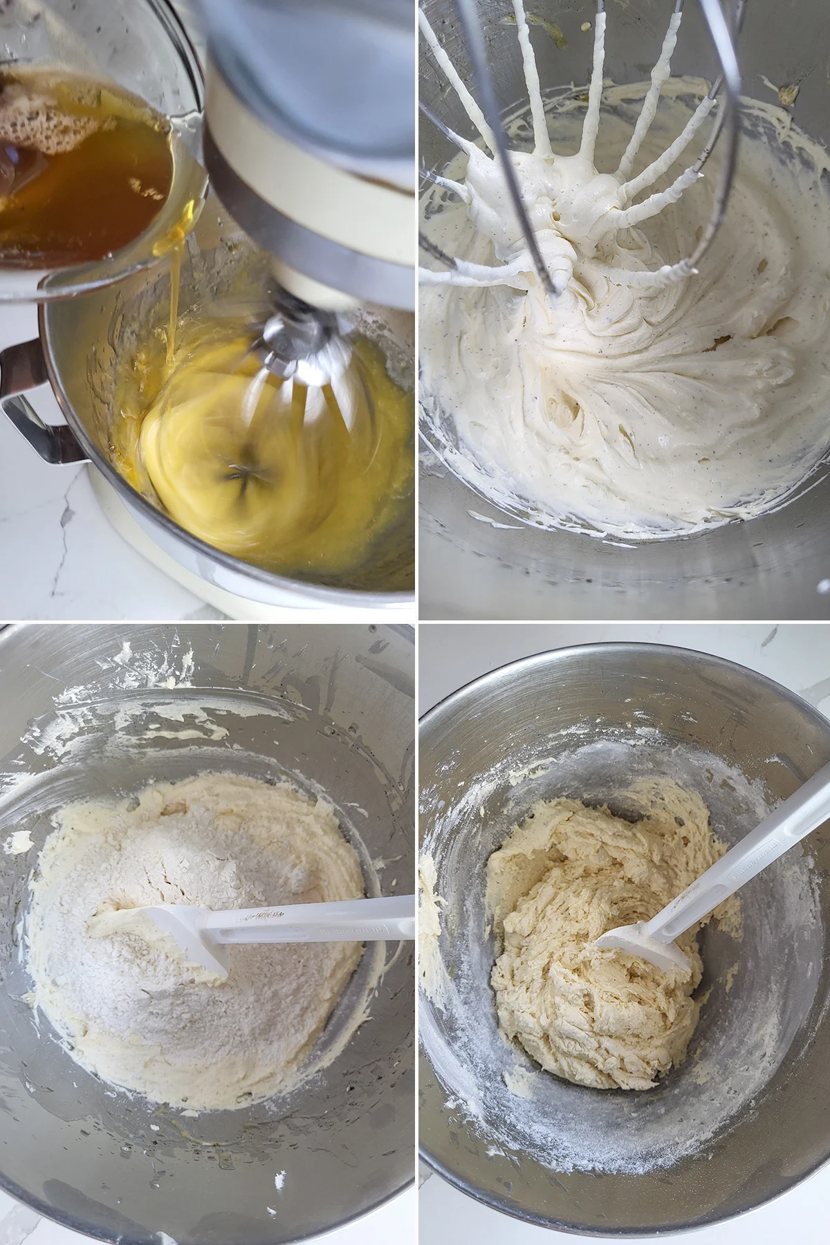 Cake batter in a mixing bowl with a whisk.