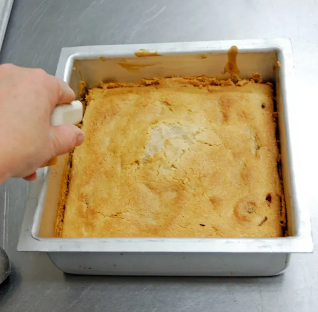 a cake in a square cake pan.