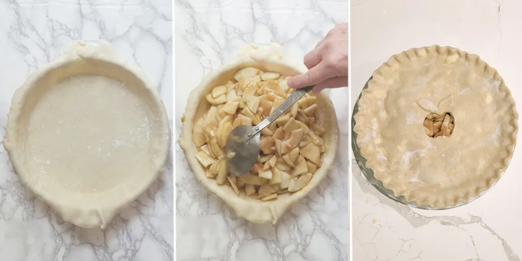 a pie plate with dough and apples. An unbaked apple pie.