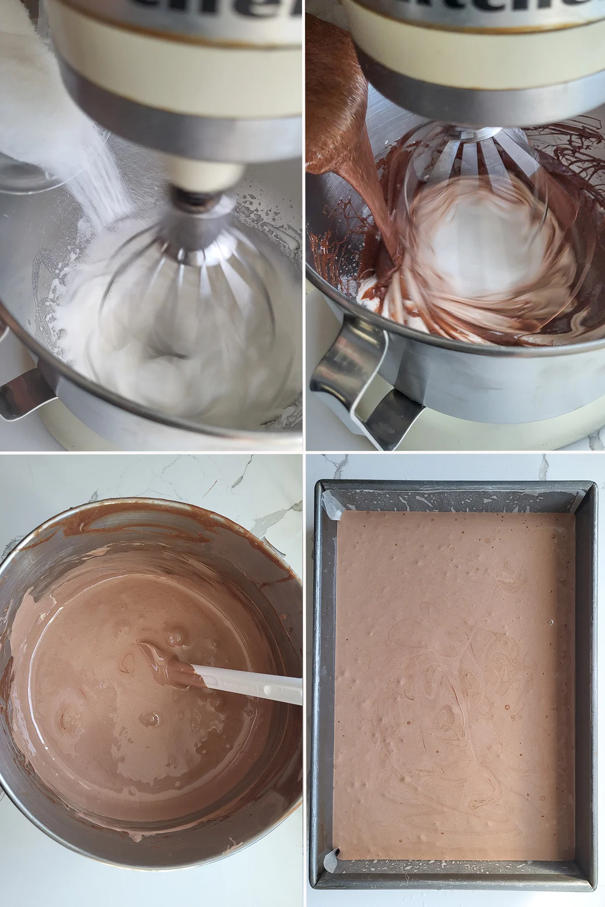 egg whites mixing in a bowl. Chocolate added to egg whites. Chocolate marshmallow mix in a pan.