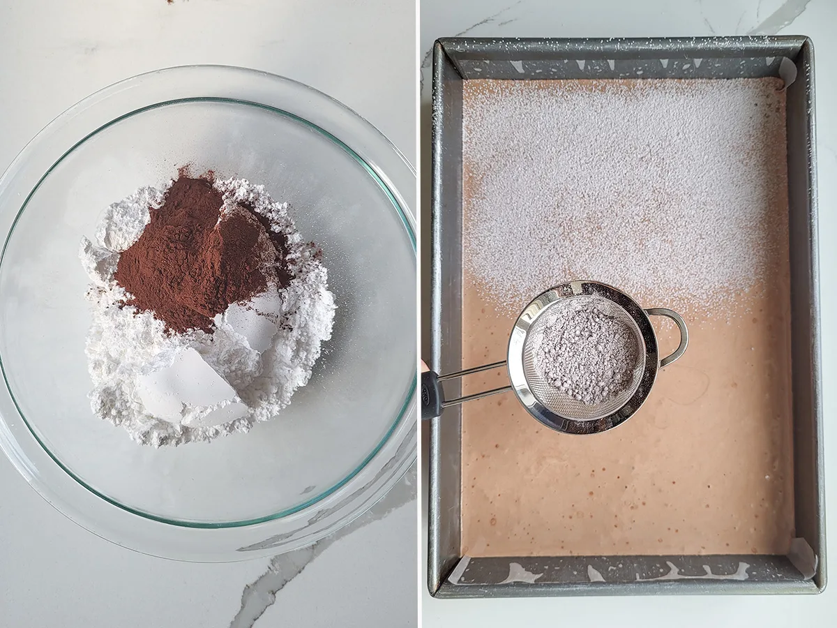 cocoa and sugar in a bowl. A sieve sifting sugar over marshmallows.