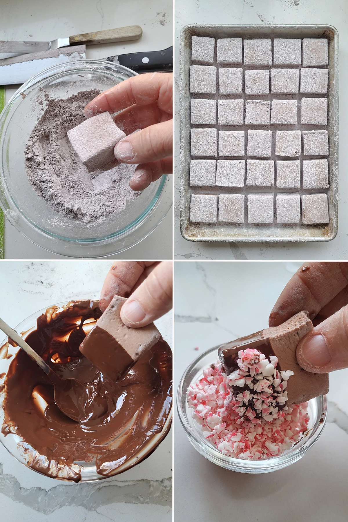 Marshmallows coating in sugar on a pan. Marshmallow dipping into melted chocolate. Marshmallow coated with candy cane bits.