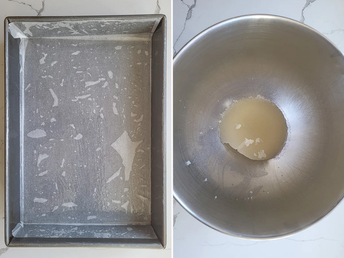 a baking pan lined with parchment. A mixing bowl with bloomed gelatin.
