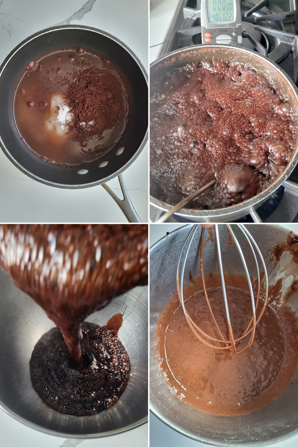 Chocolate sugar syrup in a pan. Chocolate gelatin whipped in a bowl.