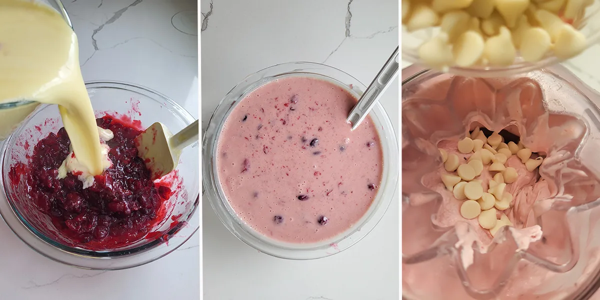 a bowl of cranberries mixed with custard. Cranberry ice cream in an ice cream machine with white chocolate chips.