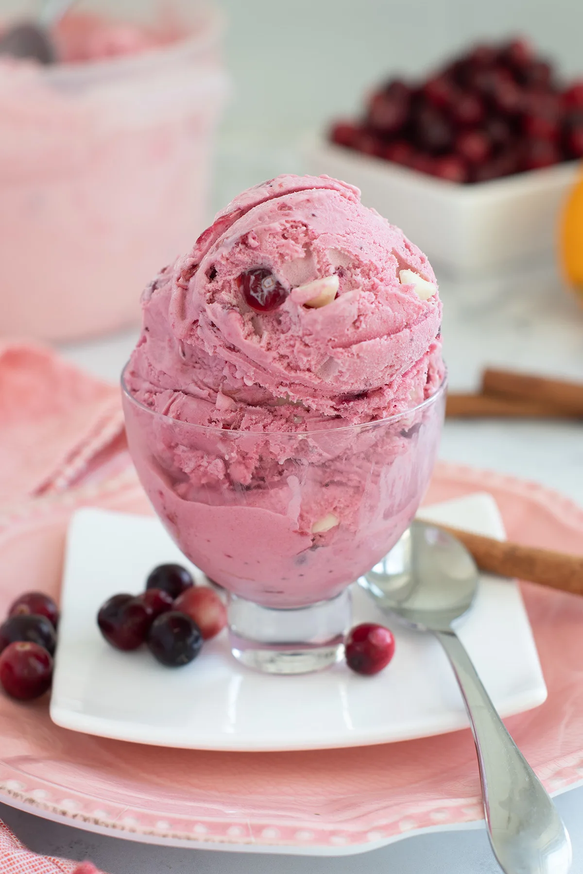 a glass bowl filled with cranberry ice cream.