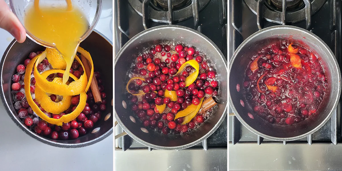cranberries, orange and cinnamon in a saucepan.