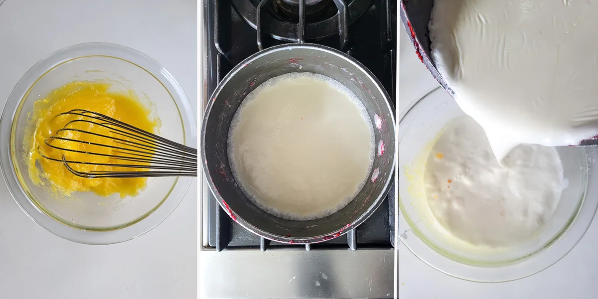 a bowl of egg yolks. A pot of cream.