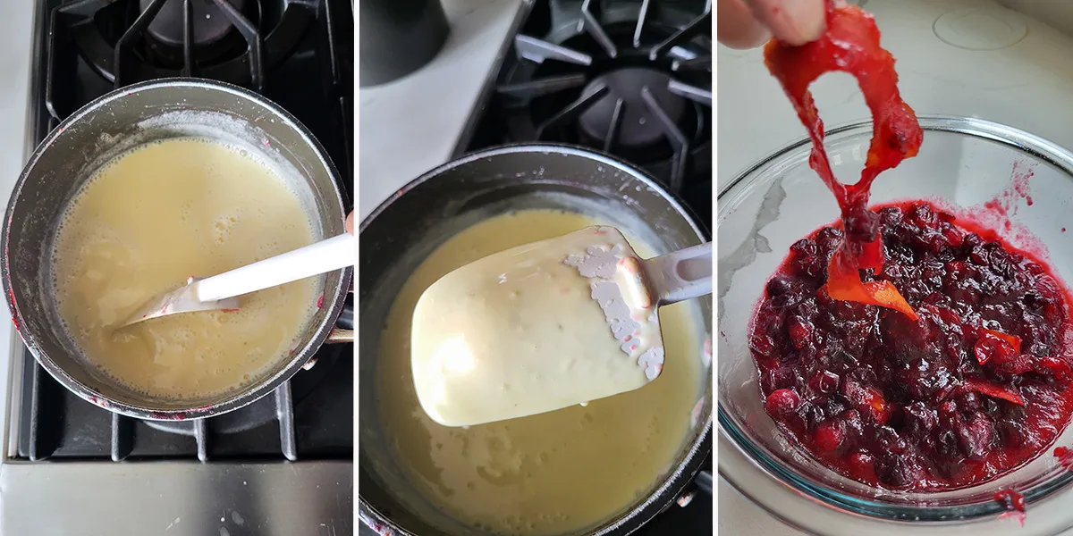Custard cooking in a pan. A bowl of cranberry sauce.