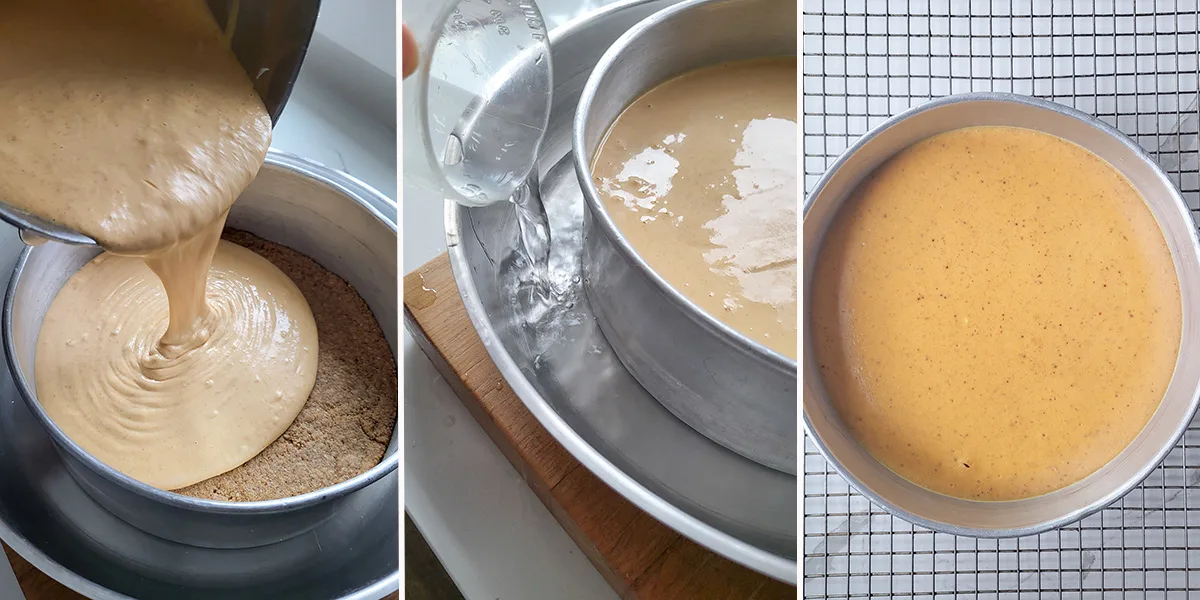 a pan of cheesecake batter inside a larger pan with water. A cheesecake on a cooling rack.