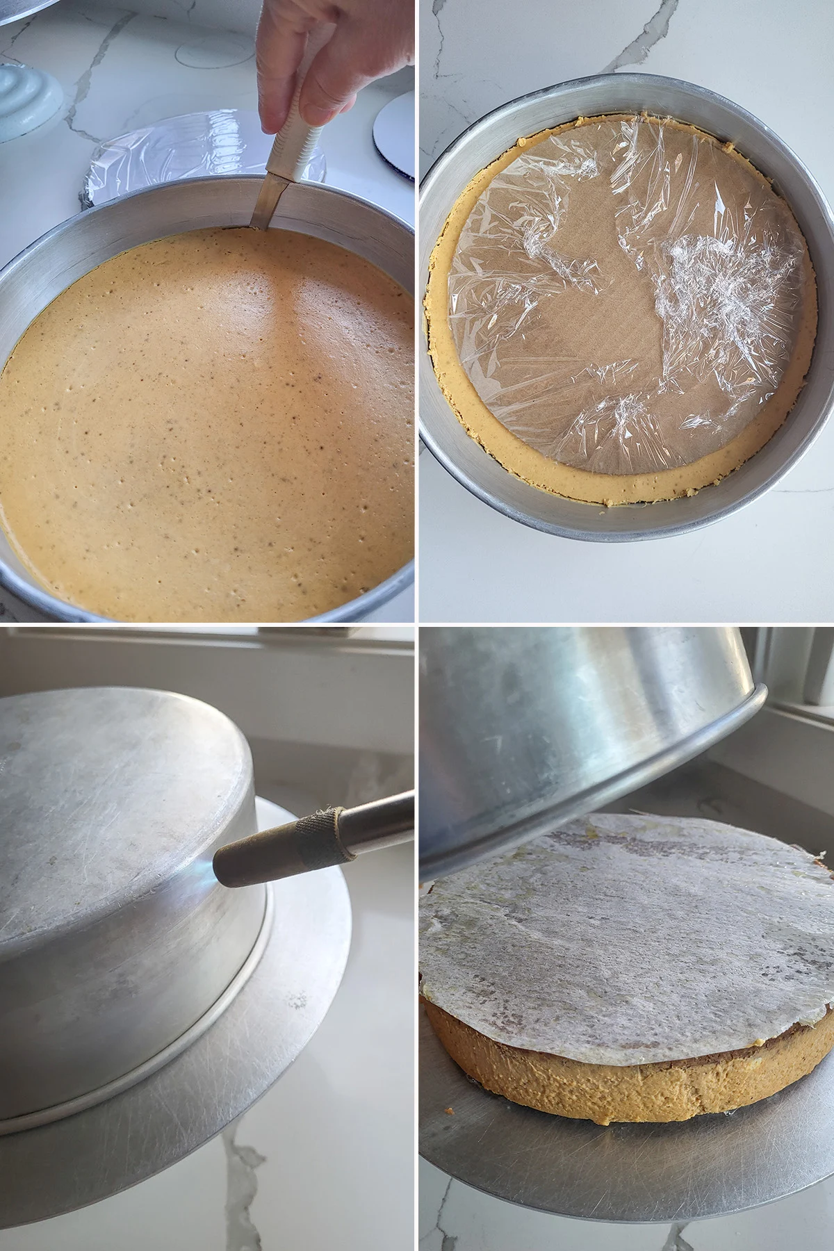 A cheesecake in a pan with cardboard circle on top. A blowtorch warming a cake pan. A cheesecake coming out of a cake pan.