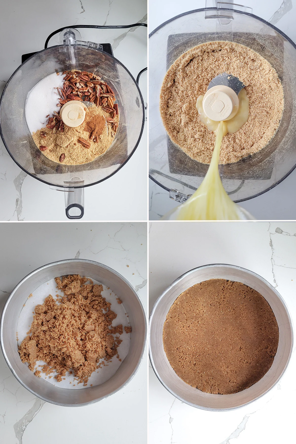 a food processor with graham crackers, pecans, sugar and butter.