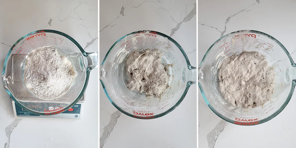 sourdough starter in a glass measuring cup.