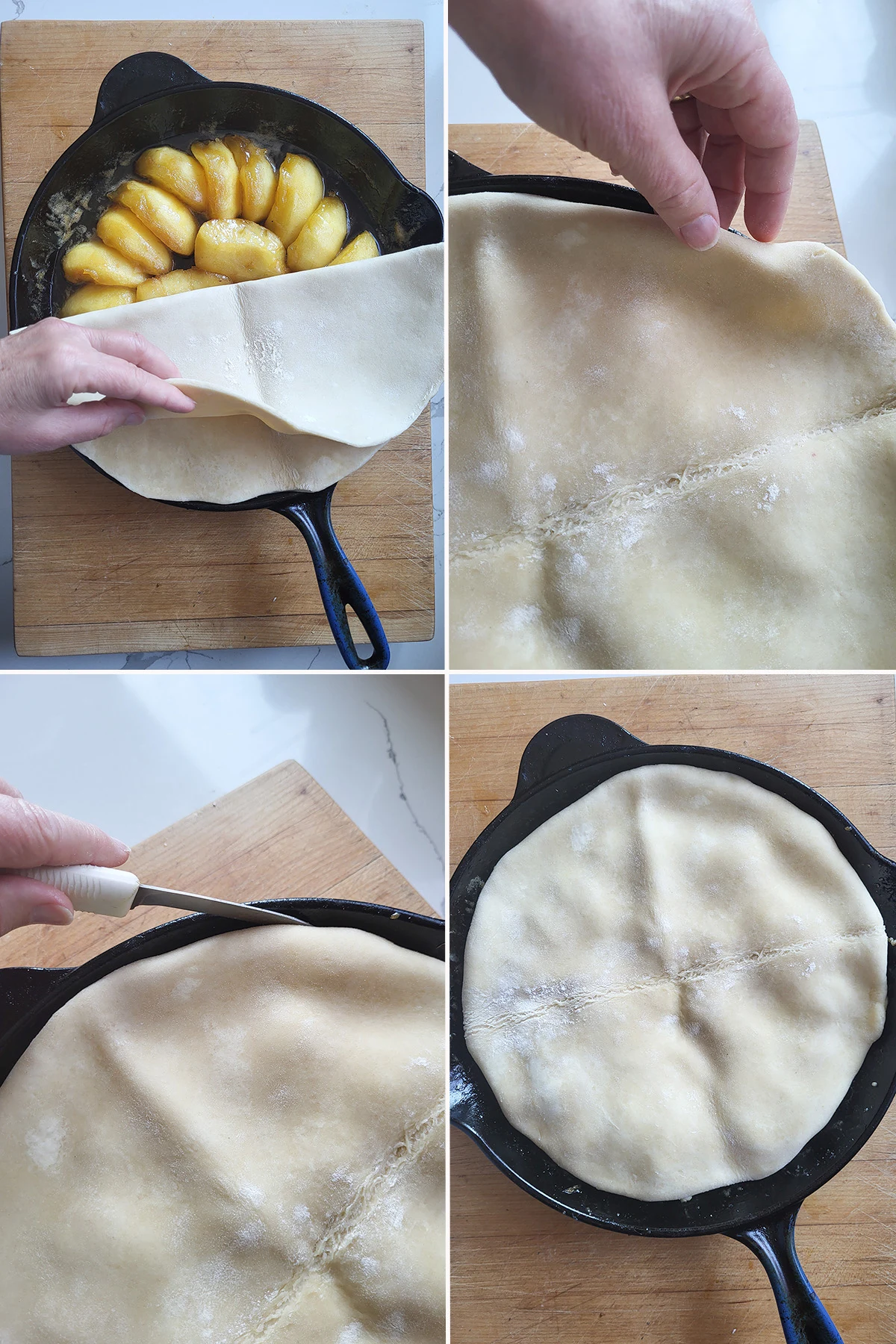 Caramelized apples in a pan with dough on top. 